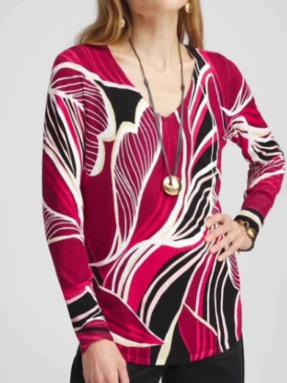 Chicos Fuchsia Print V‑Neck Sweater Top L